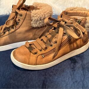 UGG Brown Leather Sneakers with Shearling